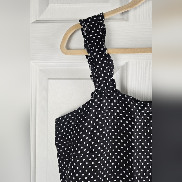 NWT LOFT Black White Dotted Ruffle Strap Wide Leg Linen Blend Jumpsuit Size 14 - Picture 5 of 12